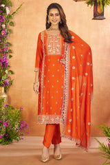 Orange Art Silk Sequin Embroidered Straight Cut Suit
