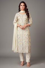 Off White Art Silk Floral Embroidered and Sequin Worked Straight Cut Suit