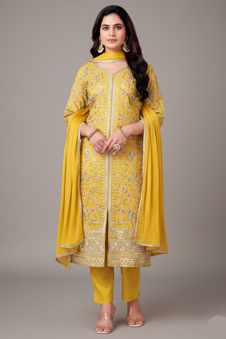 Yellow Art Silk Floral Embroidered and Sequin Worked Straight Cut Suit