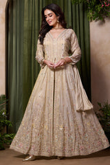 Cream Tissue Chinon Silk Beaded and Cutdana Worked Slit Cut Suit