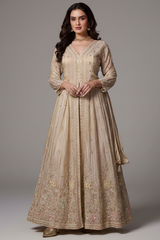 Cream Tissue Chinon Silk Beaded and Cutdana Worked Slit Cut Suit