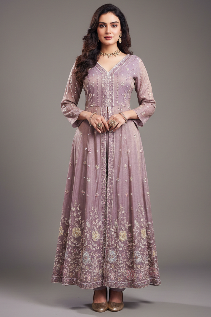 Lilac Purple Tissue Chinon Silk Beaded and Cutdana Worked Slit Cut Suit