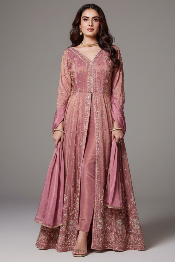 Onion Pink Tissue Chinon Silk Beaded and Cutdana Worked Slit Cut Suit