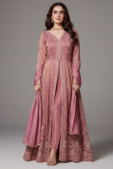 Onion Pink Tissue Chinon Silk Beaded and Cutdana Worked Slit Cut Suit