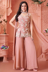 Baby Pink Chinon Floral Sequin and Beaded Worked Palazzo Suit
