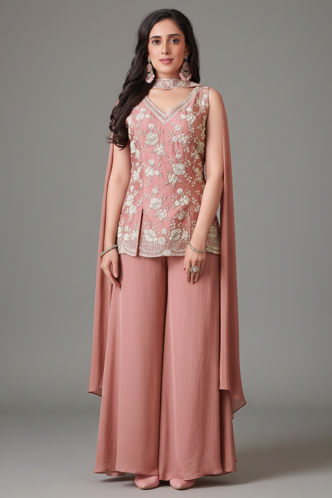 Baby Pink Chinon Floral Sequin and Beaded Worked Palazzo Suit