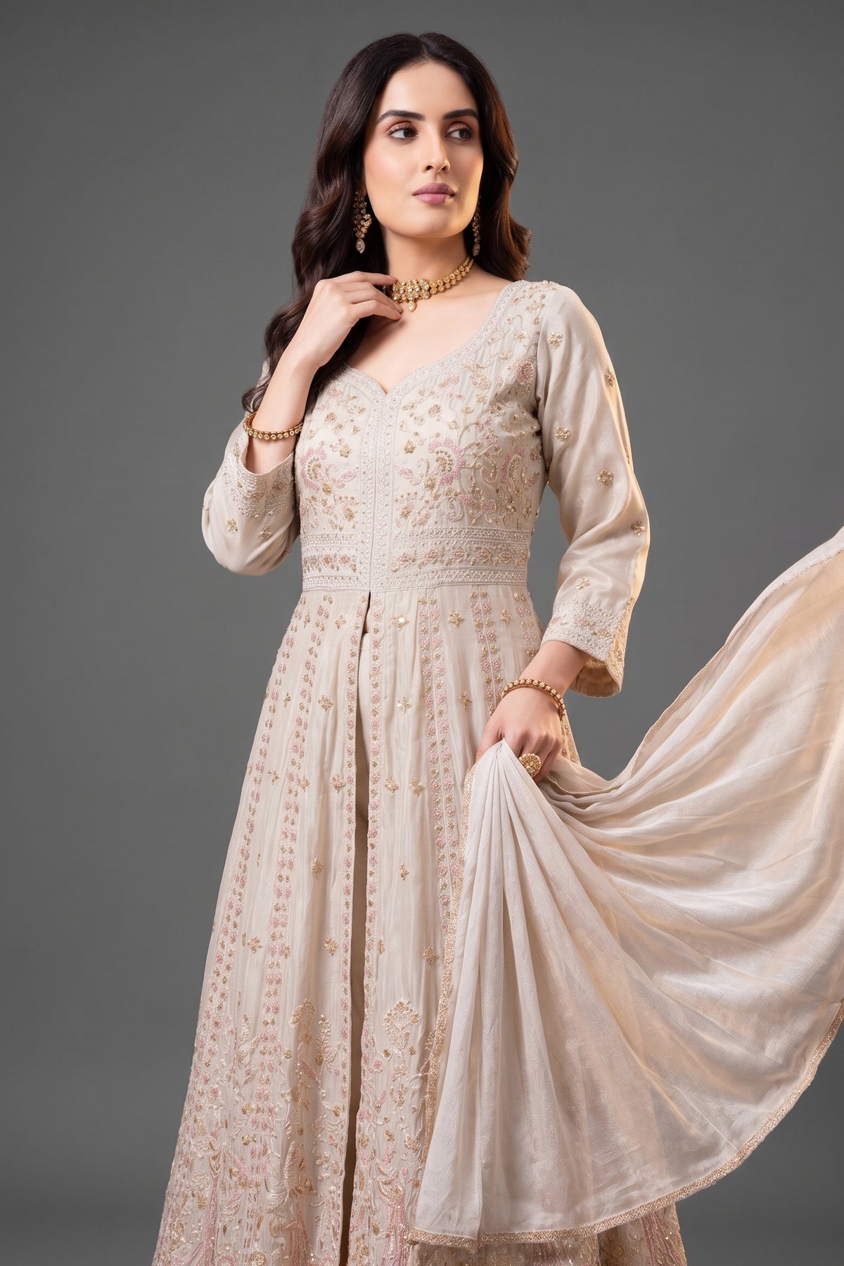 Cream Chinon Slit Cut Sequin Beaded Suit