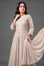 Cream Chinon Slit Cut Sequin Beaded Suit