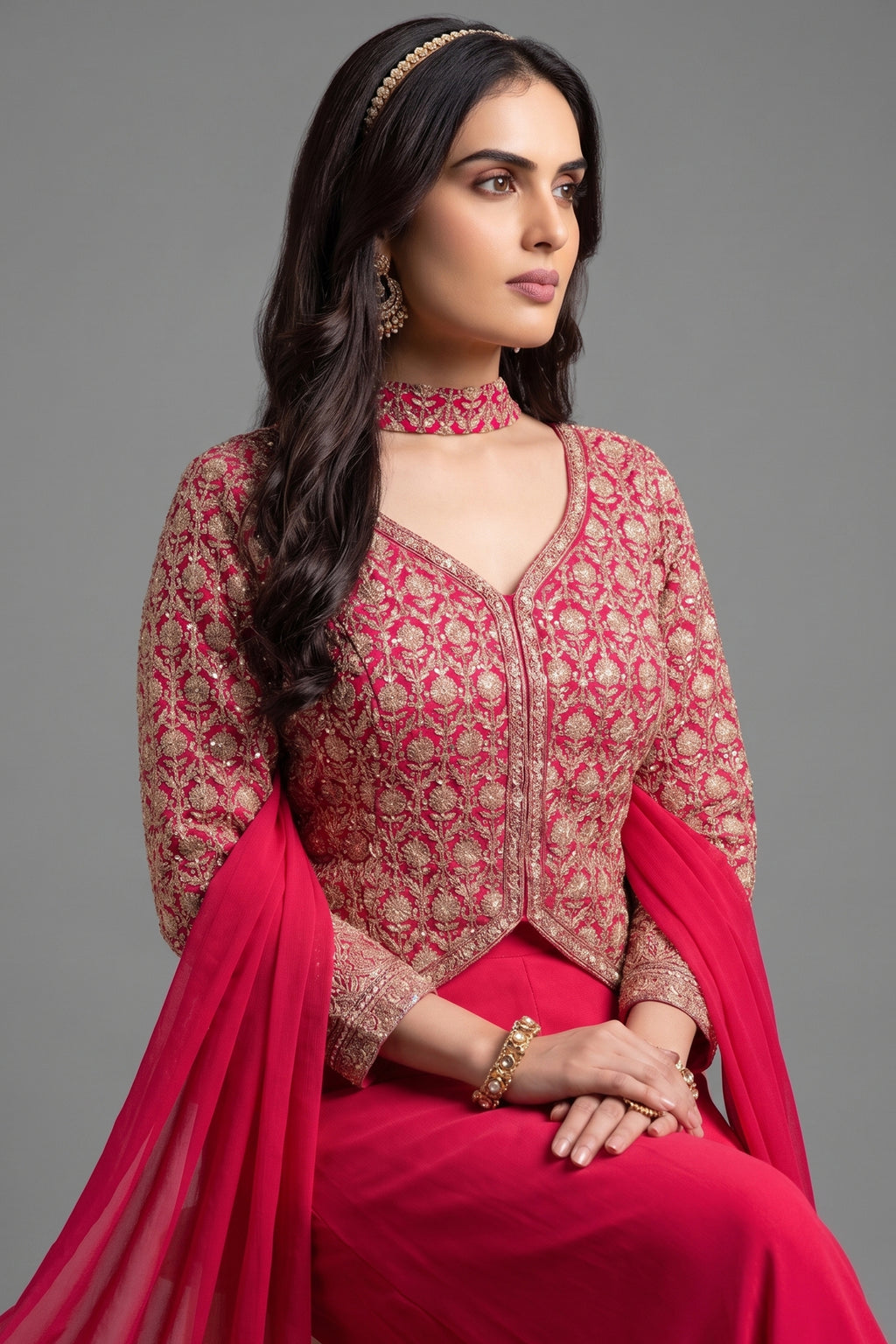 Pink Georgette Sequin Embroidered Palazzo Suit