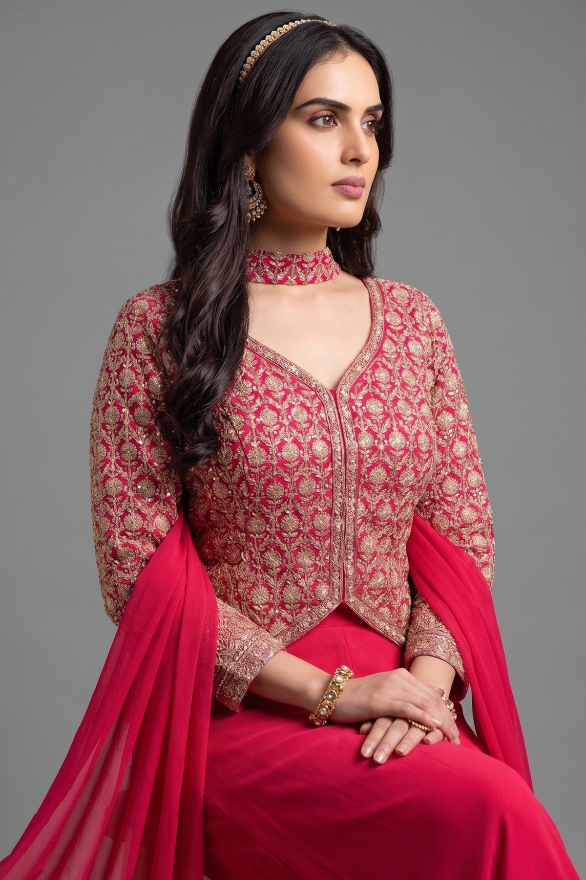 Pink Georgette Sequin Embroidered Palazzo Suit