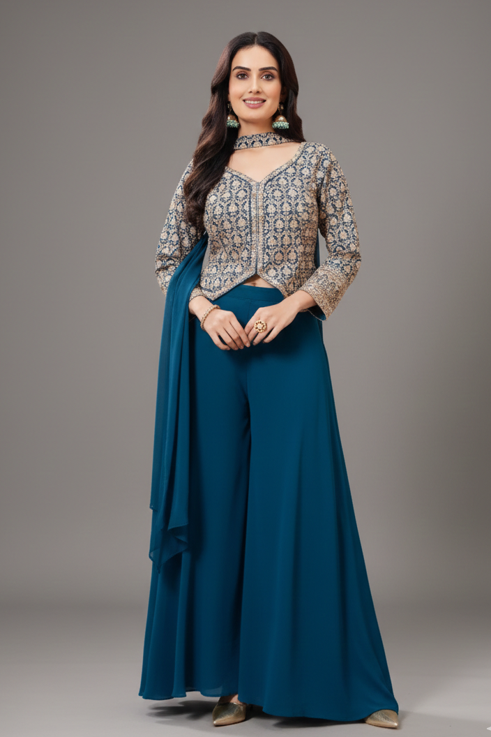 Rama Blue Georgette Sequin Embroidered Palazzo Suit