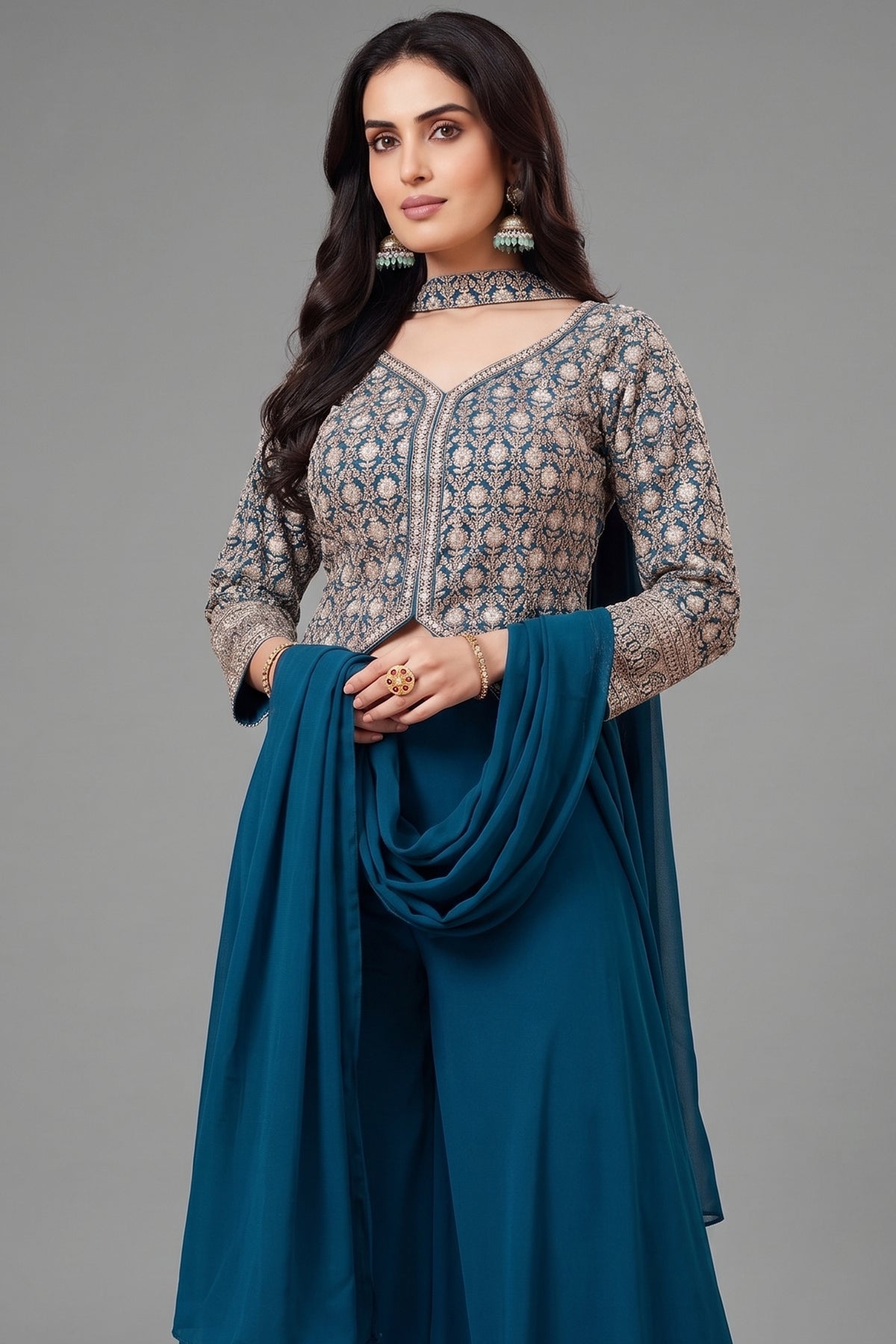 Rama Blue Georgette Sequin Embroidered Palazzo Suit