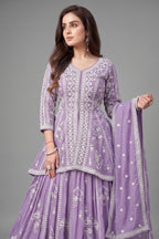 Lavender Purple Oraganza Tissue Embroidered Peplum Lehenga Suit