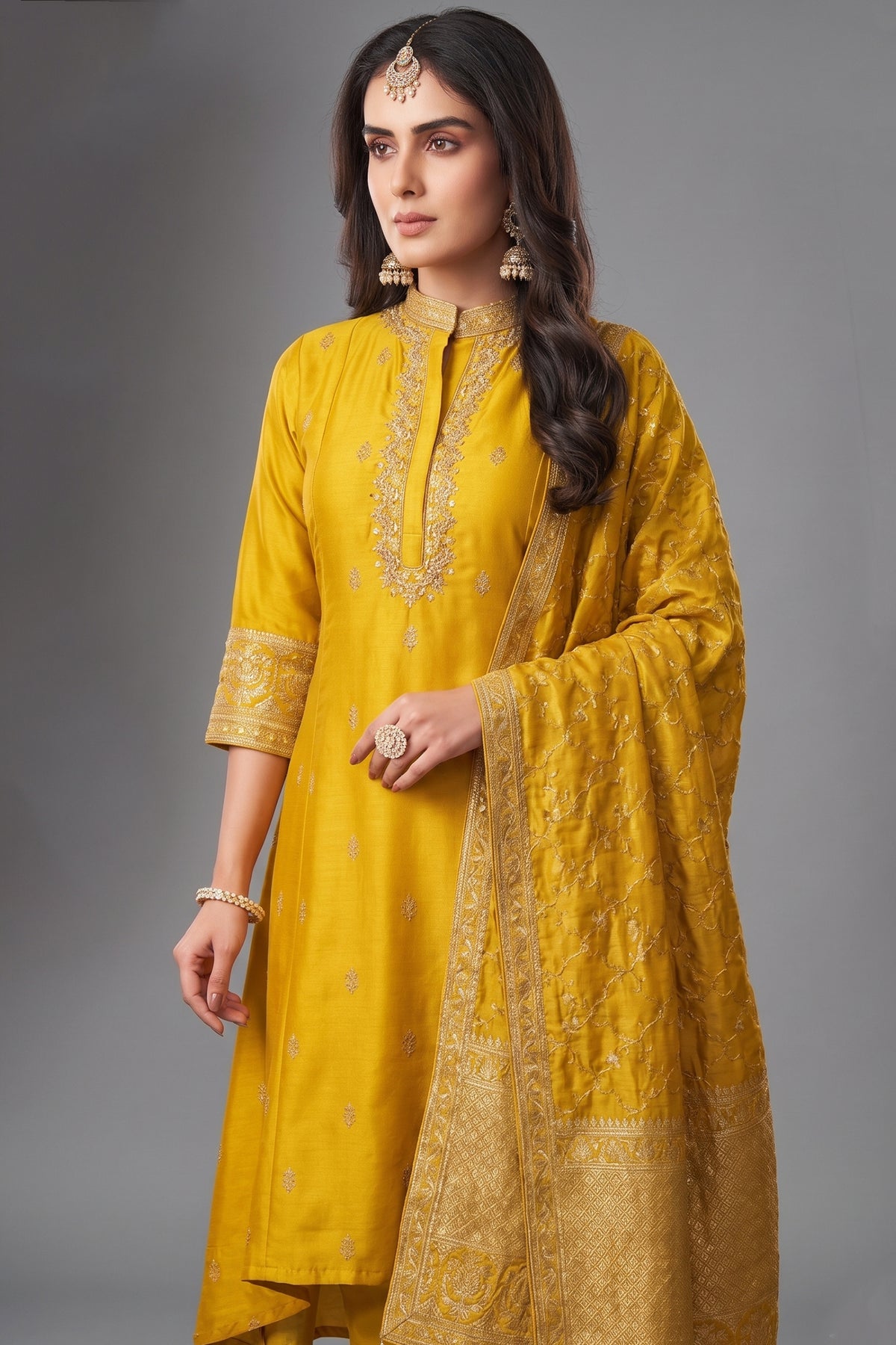 Yellow Art Silk High and Low Sequin Mirror Worked Suit