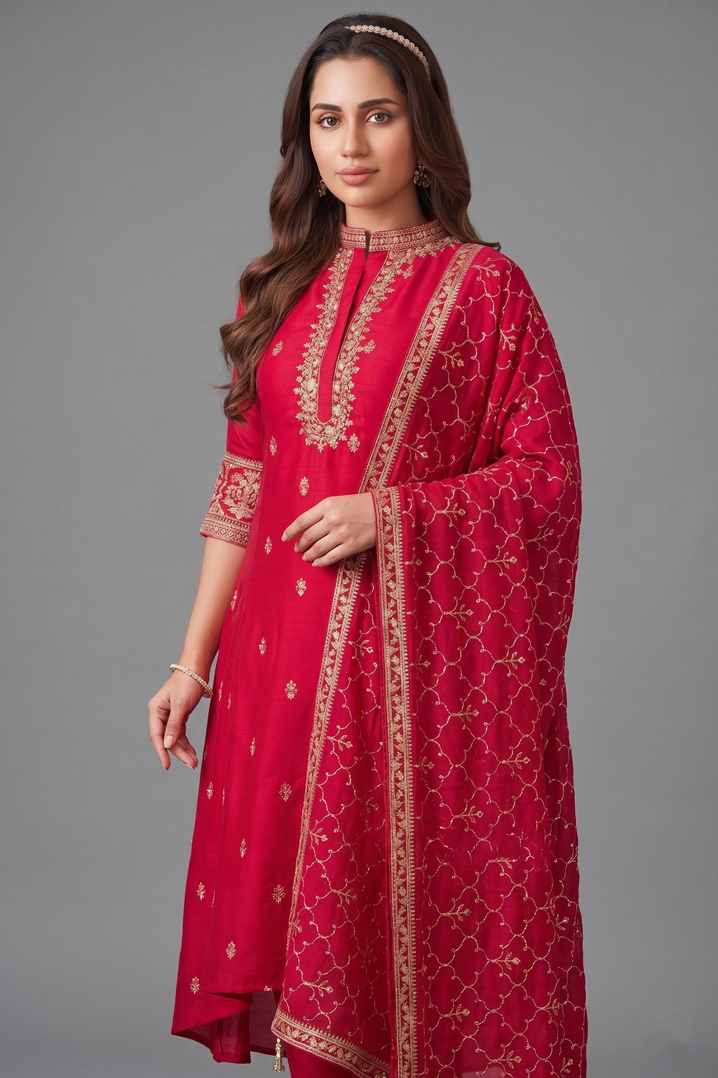 Pink Art Silk High and Low Sequin and Mirror Worked Suit