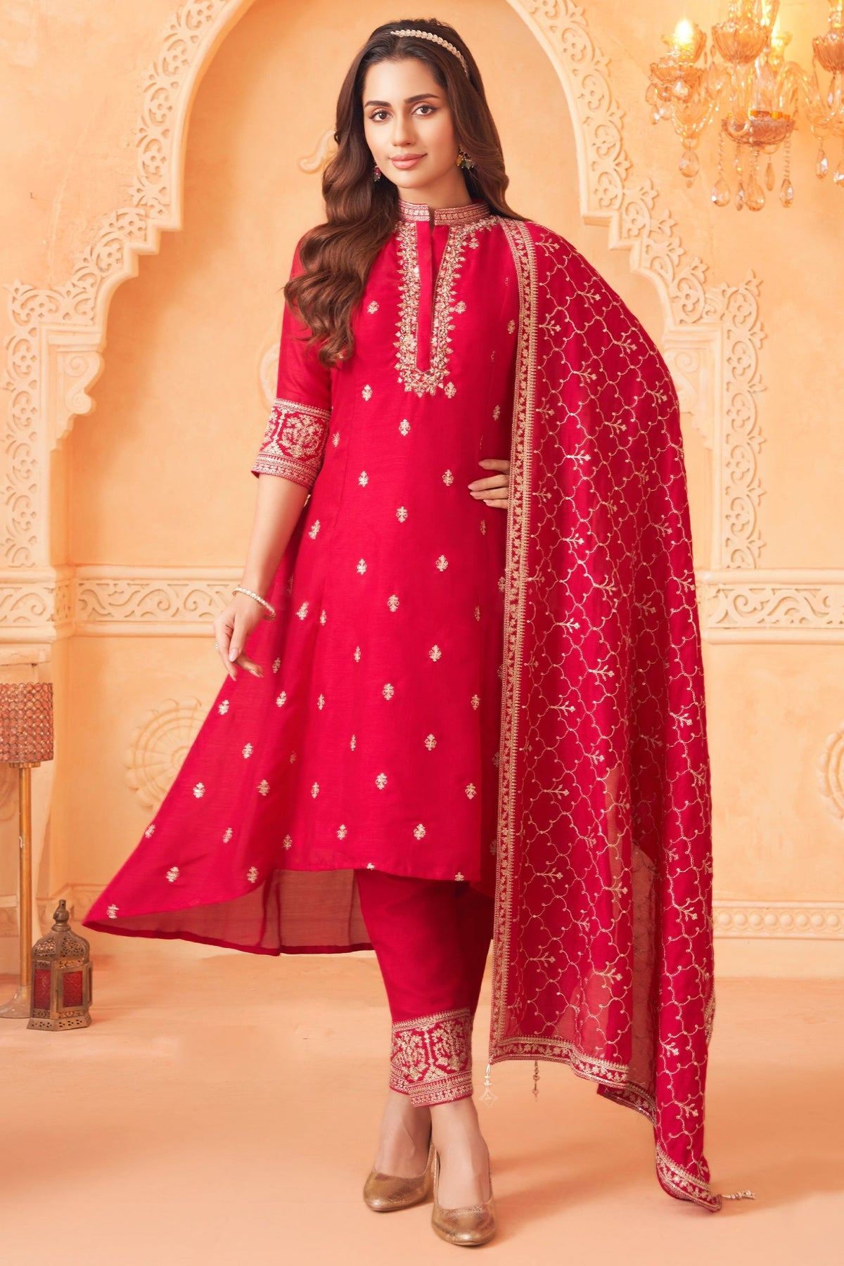 Pink Art Silk High and Low Sequin and Mirror Worked Suit