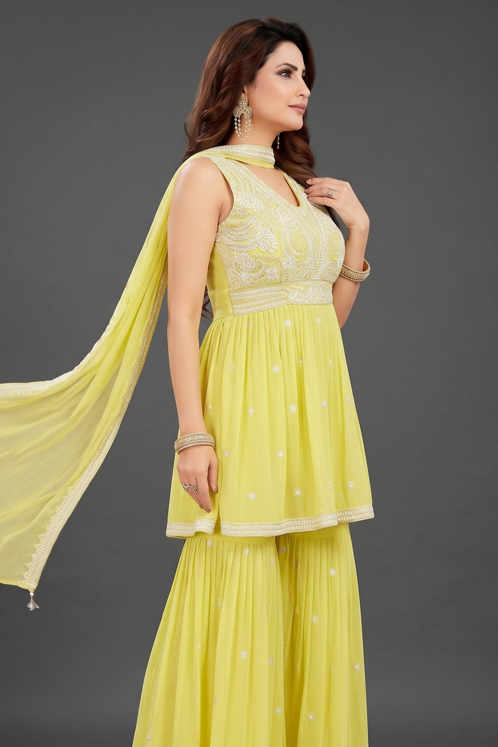 Light Yellow Georgette Embroidered Sharara Suit