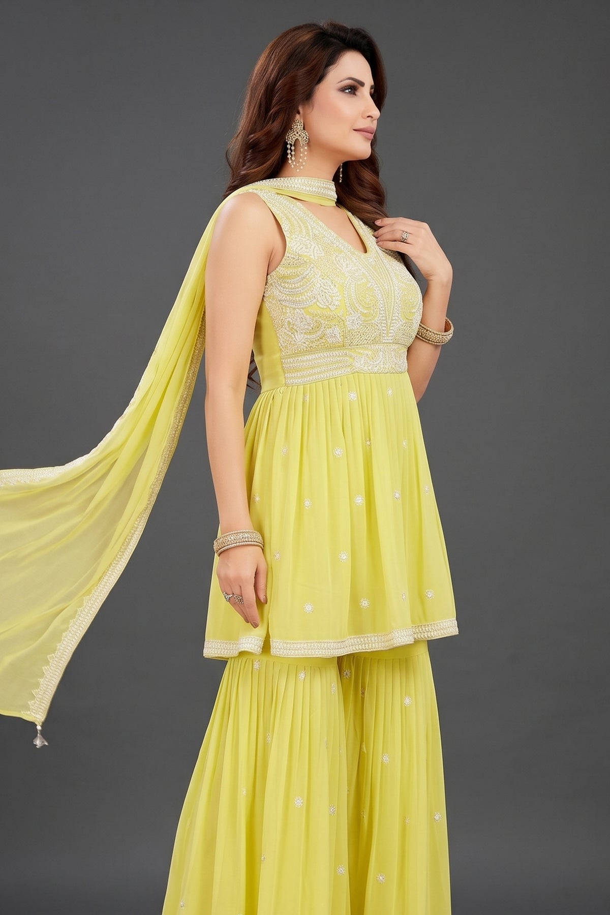 Light Yellow Georgette Embroidered Sharara Suit