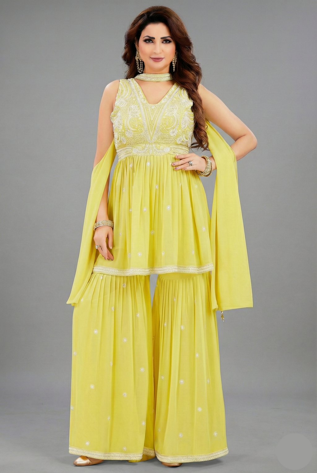 Light Yellow Georgette Embroidered Sharara Suit
