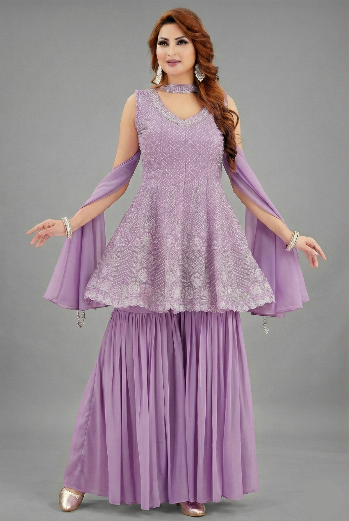 Lilac Purple Georgette Embroidered Peplum Sharara Suit