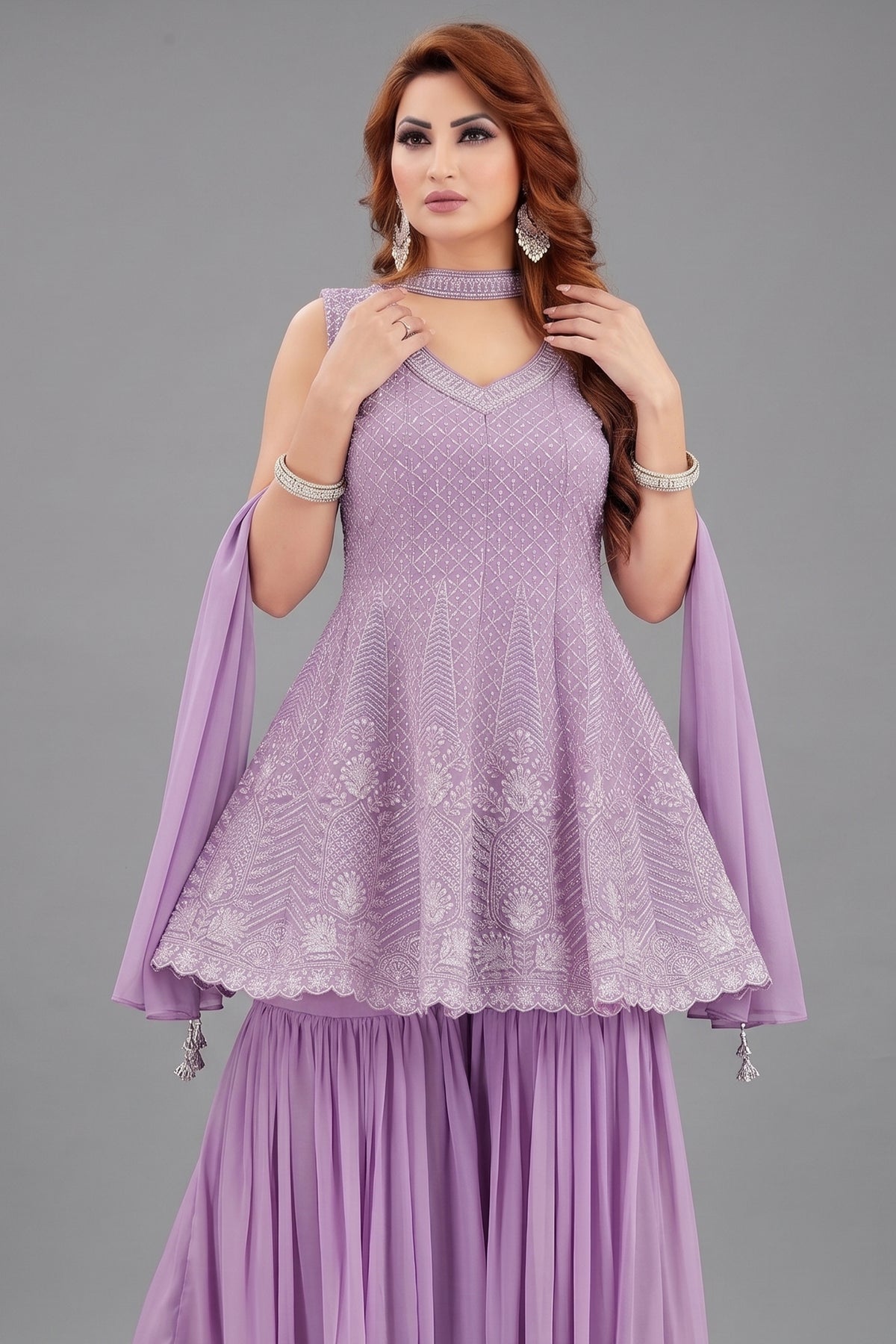 Lilac Purple Georgette Embroidered Peplum Sharara Suit