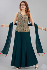 Green Georgette Embroidered Palazzo Suit