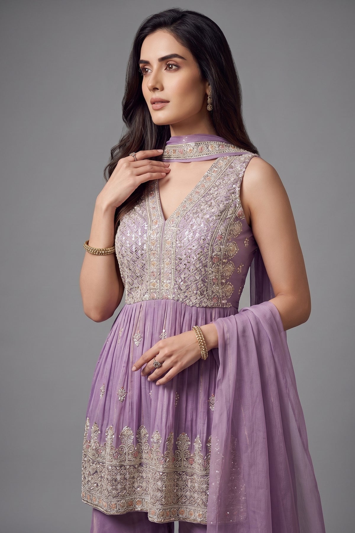 Lilac Orchid Purple Glass Tissue Organza Embroidered Palazzo Suit