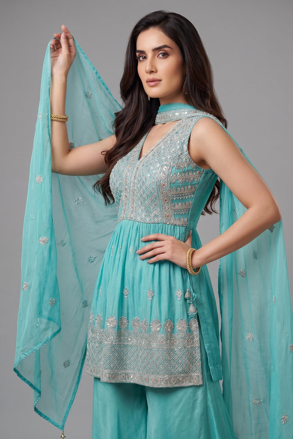 Sea Green Glass Tissue Organza Embroidered Palazzo Suit