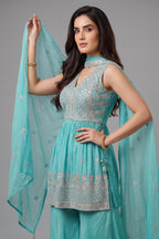 Sea Green Glass Tissue Organza Embroidered Palazzo Suit