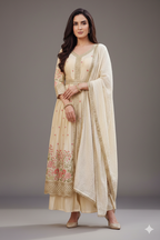 Cream Chinon Floral Embroidered Slit Cut Palazzo Suit
