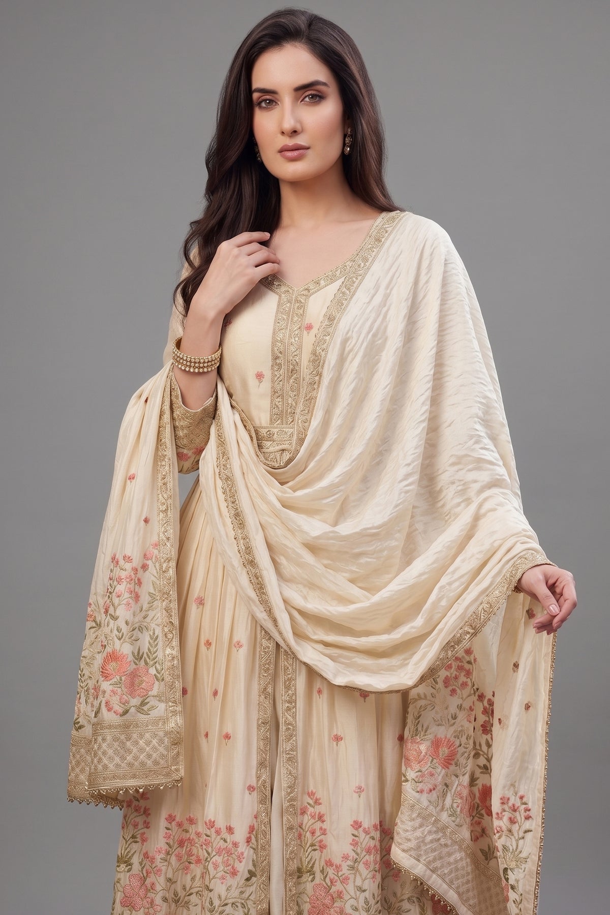 Cream Chinon Floral Embroidered Slit Cut Palazzo Suit