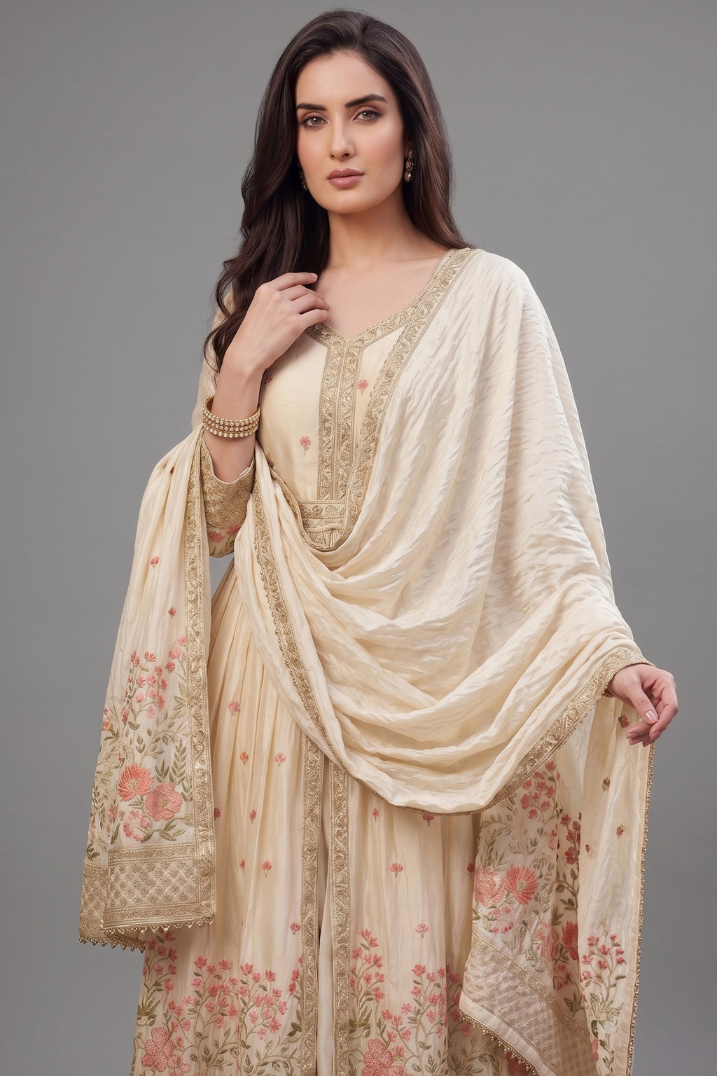 Cream Chinon Floral Embroidered Slit Cut Palazzo Suit