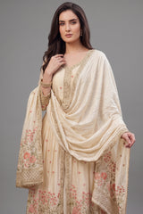 Cream Chinon Floral Embroidered Slit Cut Palazzo Suit