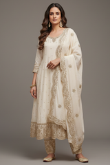 Pearl White Art Silk Sequin Embroidered Anarkali Suit with Scallop Border