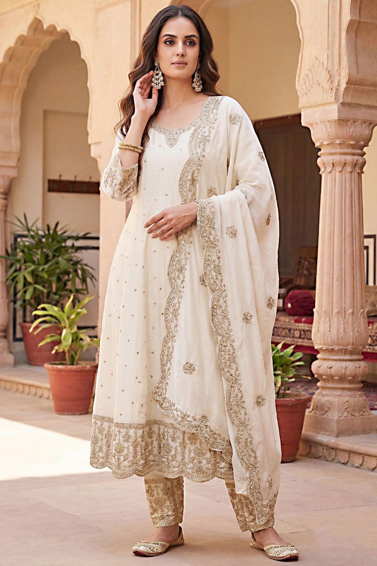 Pearl White Art Silk Sequin Embroidered Anarkali Suit with Scallop Border