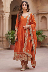 Orange Art Silk Sequin Embroidered Anarkali Suit with Scallop Border