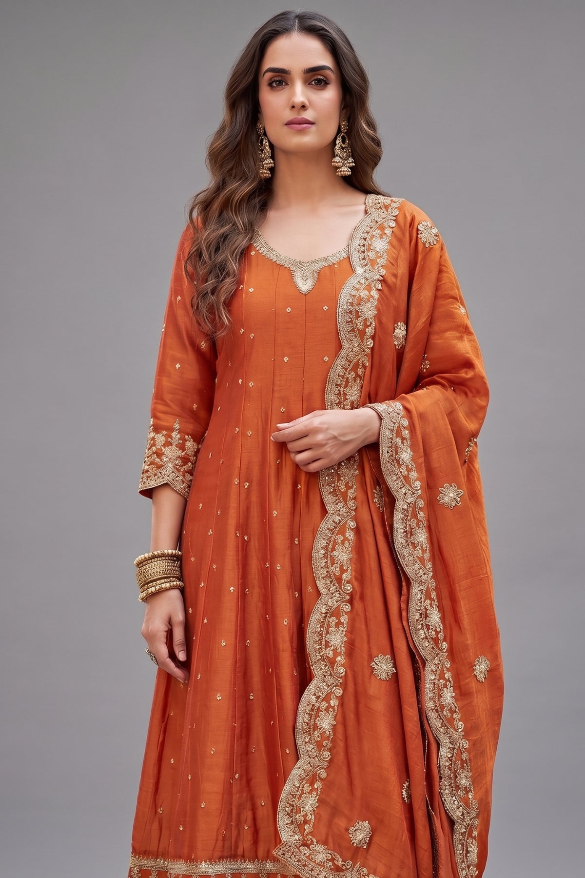 Orange Art Silk Sequin Embroidered Anarkali Suit with Scallop Border