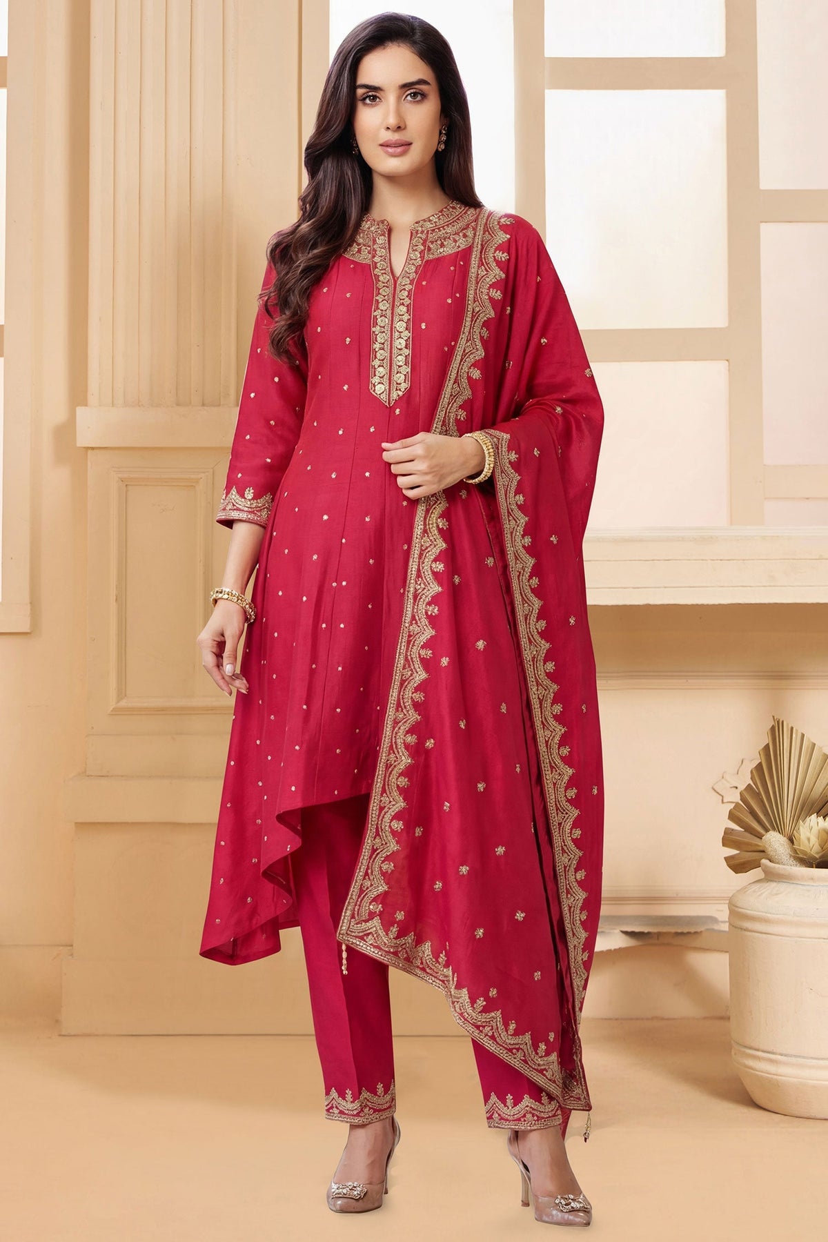 Rani Pink Art Silk Sequin Embroidered High and Low Suit
