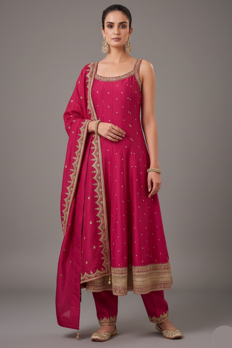 Pink Art Silk Sequins Embroidery Worked Anarkali Suit