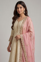 Cream Art Silk Sequin Embroidered Anarkali Suit