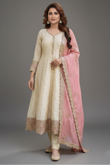 Cream Art Silk Sequin Embroidered Anarkali Suit