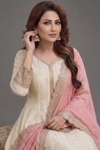 Cream Art Silk Sequin Embroidered Anarkali Suit