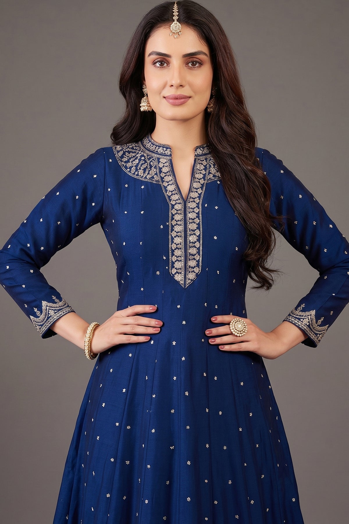 Navy Blue Art Silk Sequin Embroidery Worked Anarkali Suit