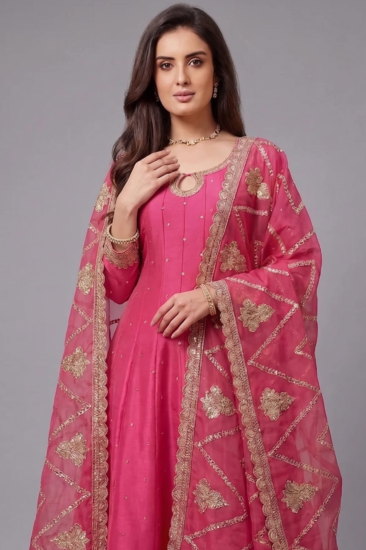 Pink Art Silk Embroidered Anarkali Palazzo Suit
