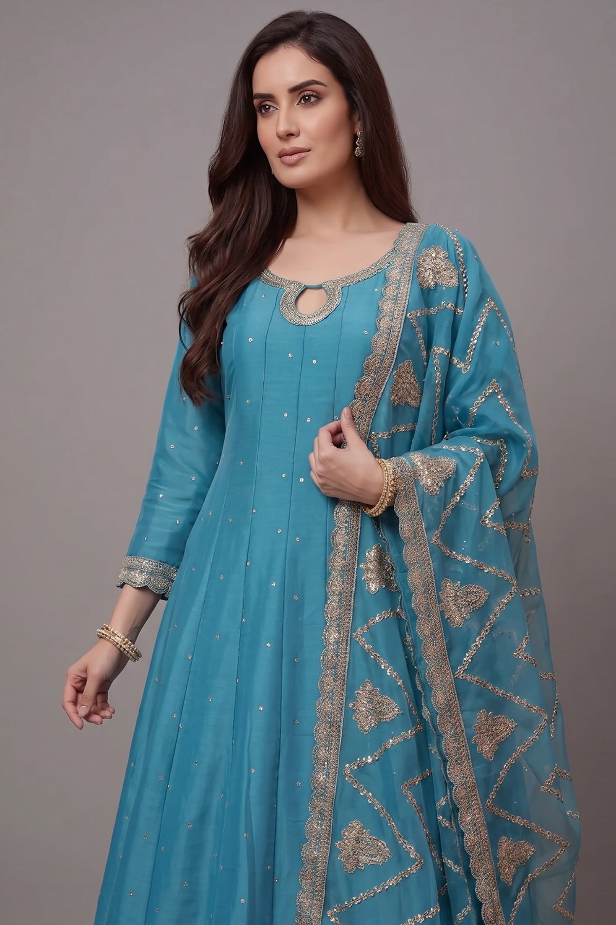 Sky Blue Art Silk Embroidered Anarkali Palazzo Suit