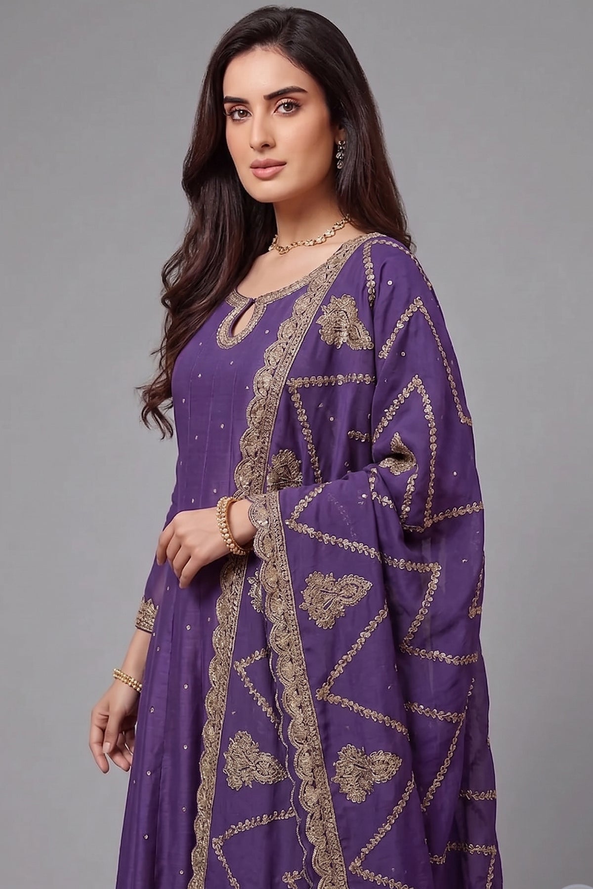 Purple Art Silk Embroidered Anarkali Palazzo Suit