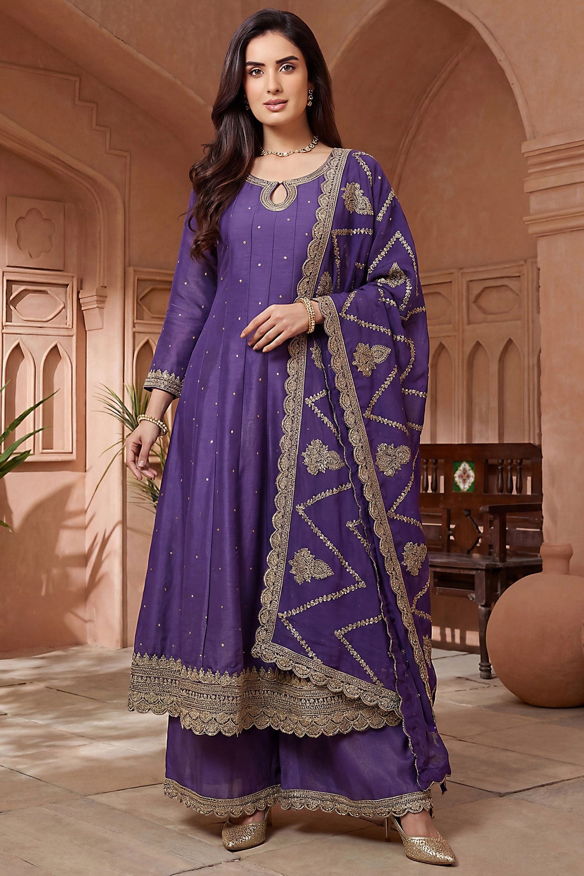 Purple Art Silk Embroidered Anarkali Palazzo Suit