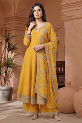 Yellow Art Silk Embroidered Anarkali Palazzo Suit