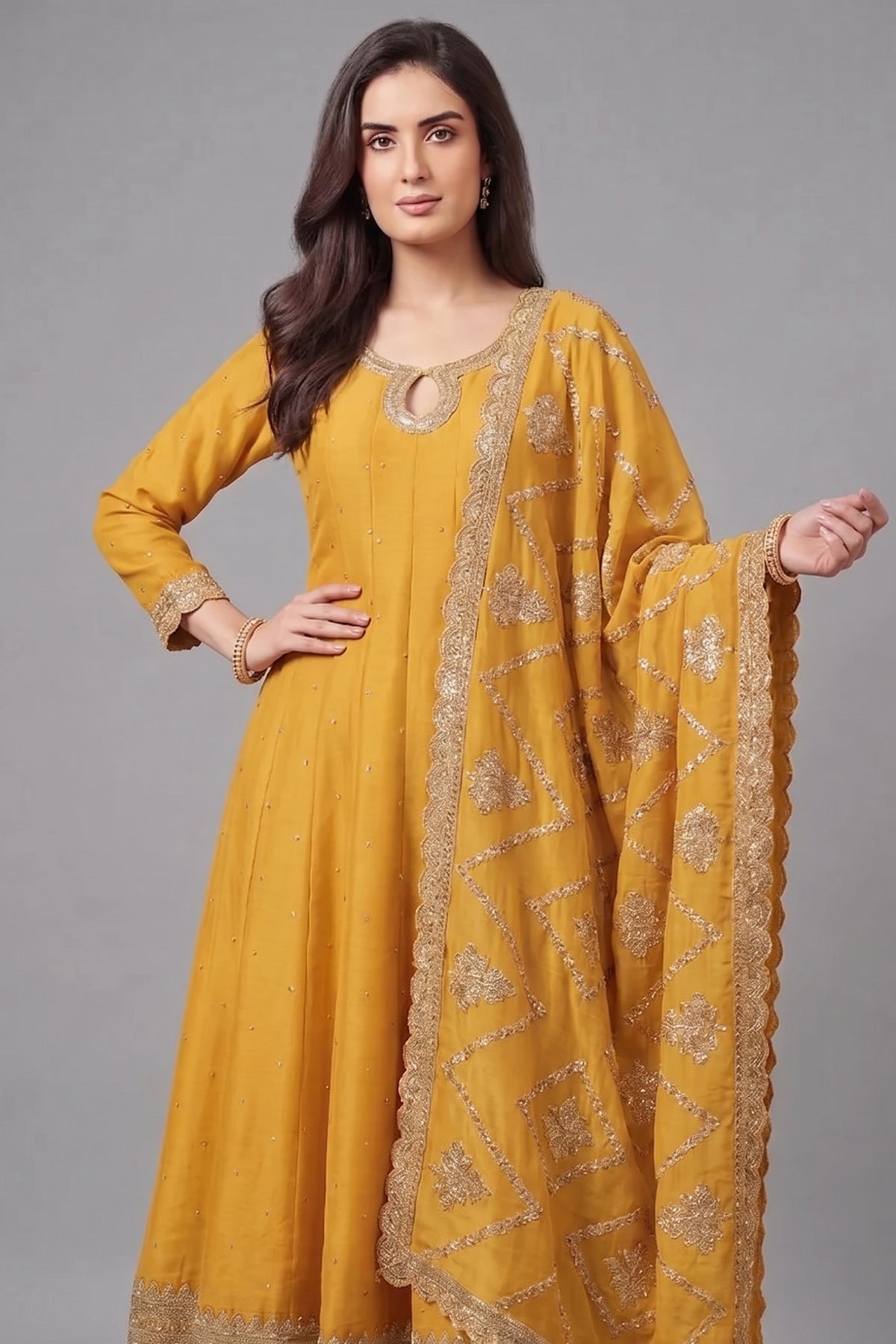 Yellow Art Silk Embroidered Anarkali Palazzo Suit