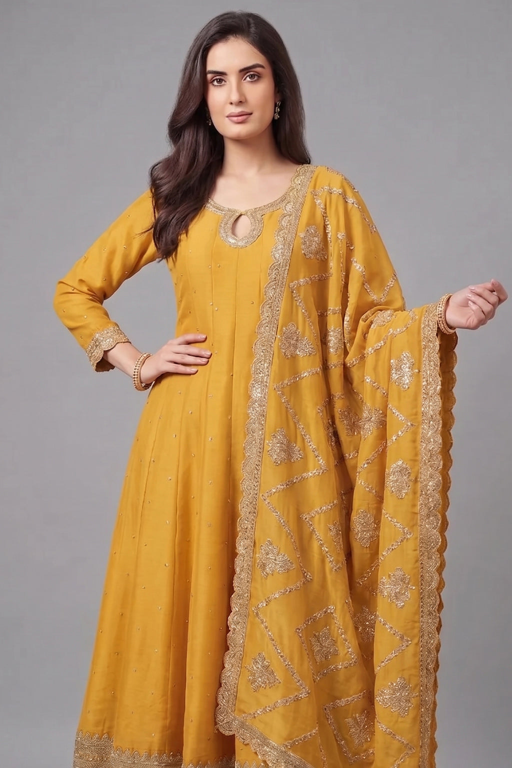 Yellow Art Silk Embroidered Anarkali Palazzo Suit